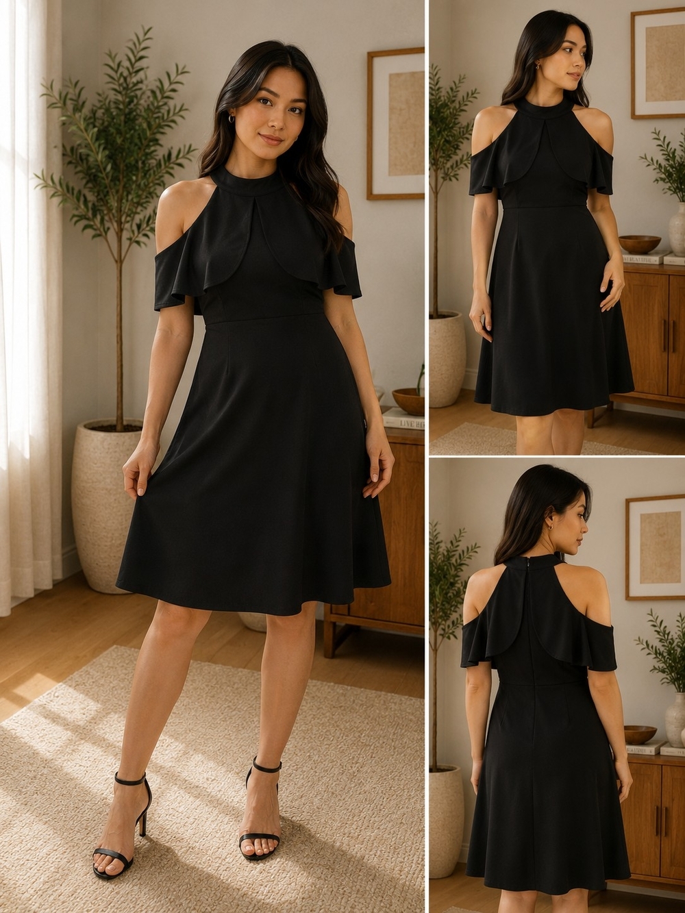 Cold-Shoulder Black A-Line Dress